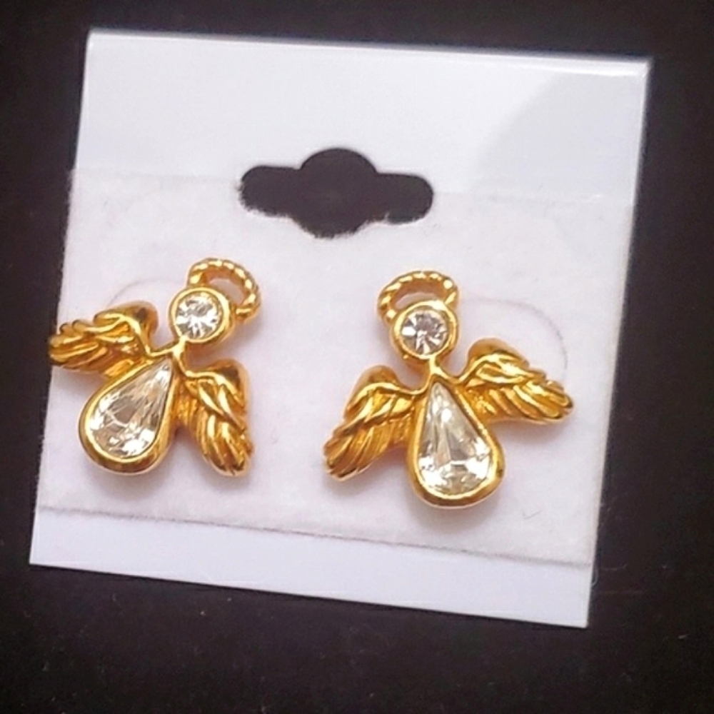 Rhinestone Pinback Angel Gold Earrings 🌴